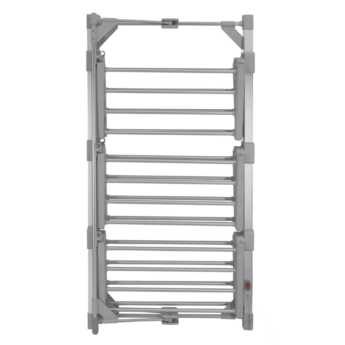 Elektrischer beheizter Wäscheständer aus silbernem Aluminium mit mehreren horizontalen Stangen, ideal zum schnellen Trocknen von Wäsche in Innenräumen