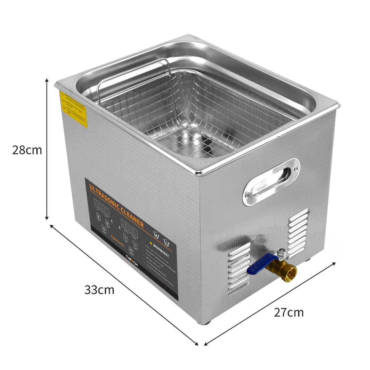 Ultraschallreiniger aus Edelstahl mit einem Volumen von 10L, rechteckig, mit einem Netzkorb und einem Wasserablassventil, ideal für die Reinigung von Gegenständen