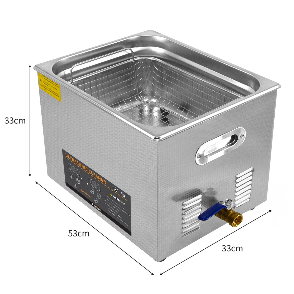 Ultraschallreiniger T-Mech mit 30L Kapazität, quadratischer Edelstahlbehälter, glänzende Oberfläche, abnehmbare Körbe und Wasserablassventil