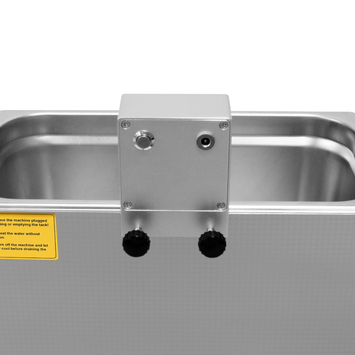 Ultraschall-Schallplattenreiniger aus Edelstahl mit einem kompakten, rechteckigen Behälter und zwei Reglern für die Wasserabfuhr