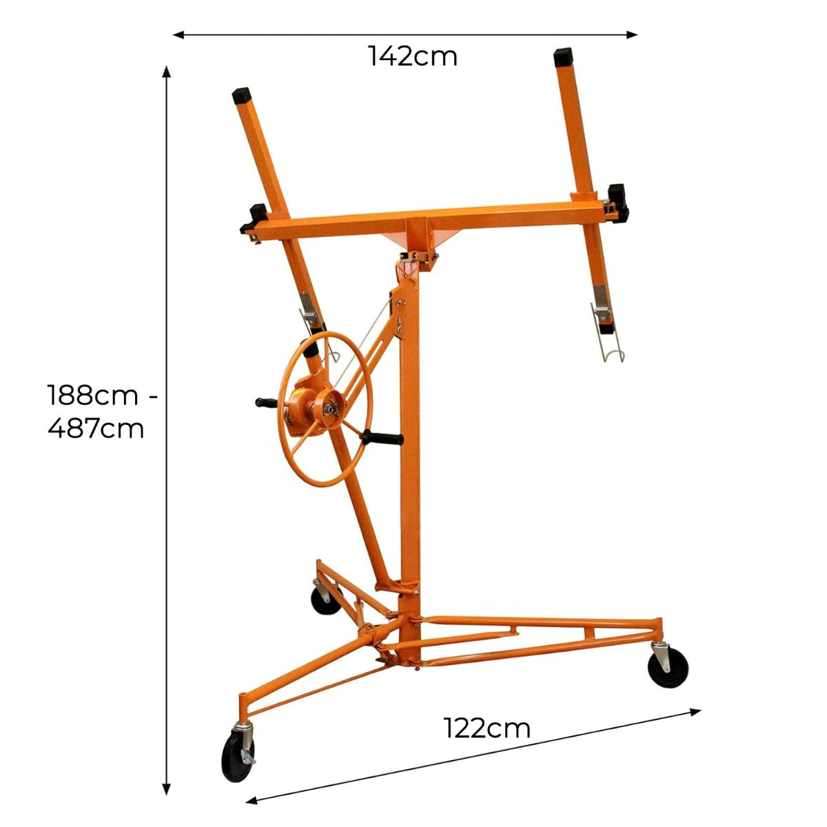 Robuster Plattenheber in leuchtendem Orange, höhenverstellbar von 188 cm bis 487 cm, mit stabilen Rollen und einem praktischen Handrad für einfache Bedienung