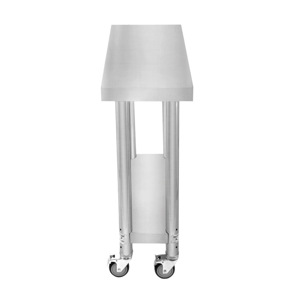 Edelstahl Arbeitstisch mit einer glatten, silbernen Oberfläche, vier stabilen Beinen und Rollen für einfache Mobilität, ideal für Küchen oder Werkstätten