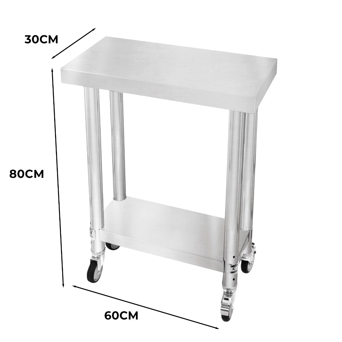 Edelstahl Arbeitstisch mit einer glatten, silbernen Oberfläche, 60 cm breit, 30 cm tief und 80 cm hoch, ausgestattet mit stabilen Rollen für Mobilität