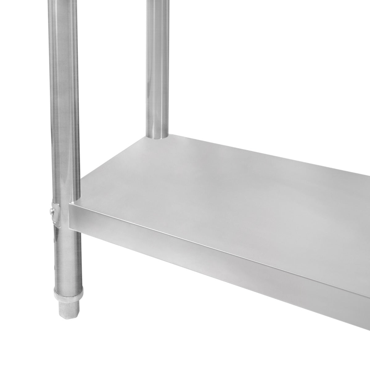 Edelstahl Arbeitstisch mit glatter, glänzender Oberfläche, stabilen Beinen und unterer Ablagefläche, ideal für Küchen und Werkstätten