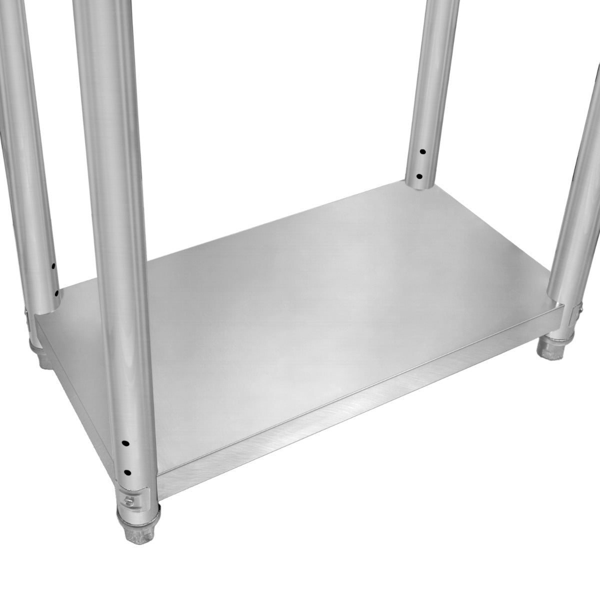 Edelstahl Arbeitstisch mit glatter, glänzender Oberfläche, stabilen Beinen und einer praktischen Ablagefläche, ideal für Küchen und Werkstätten