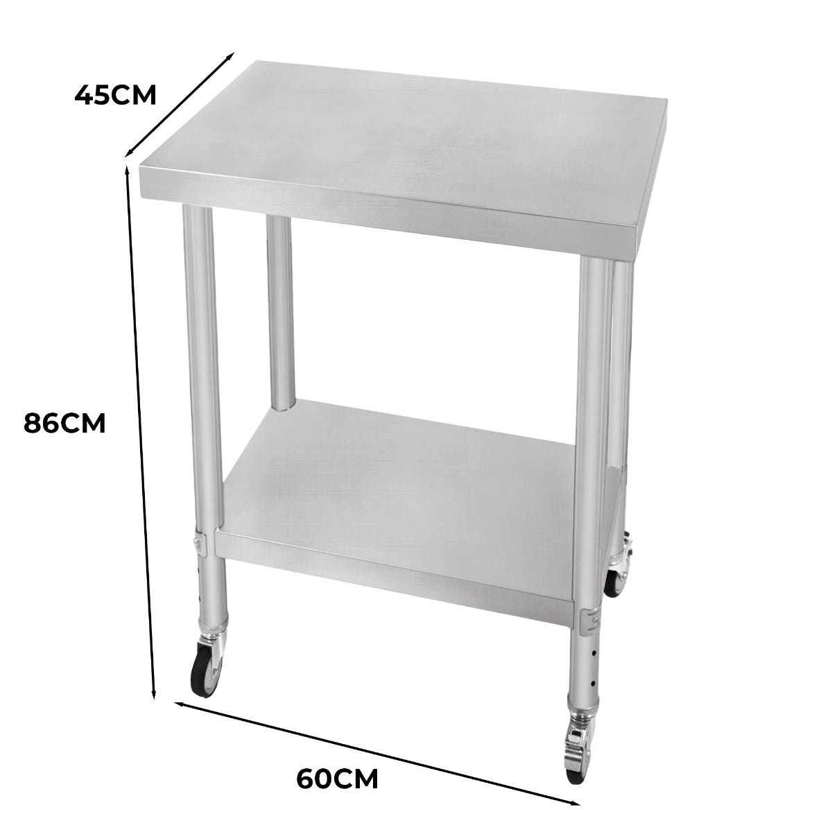 Robuster Edelstahl Arbeitstisch mit einer glatten, silbernen Oberfläche, 60 cm breit, 45 cm tief und 86 cm hoch, ausgestattet mit Rollen für Mobilität