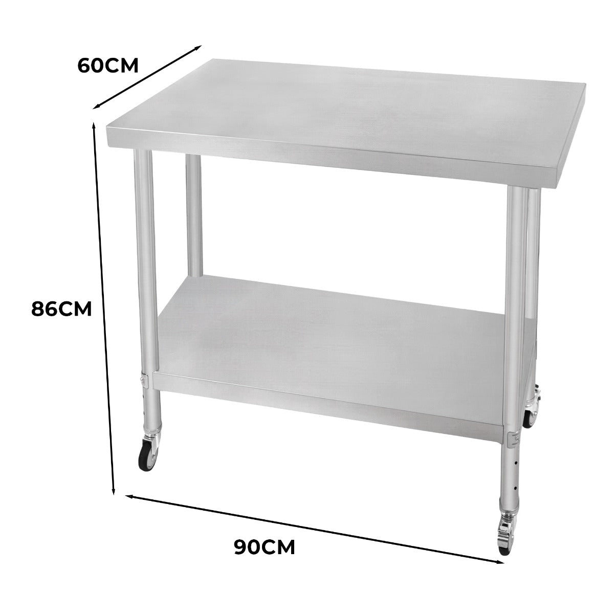 Edelstahl Arbeitstisch mit Maßen 60cm x 90cm x 86cm, stabiler Rahmen, glatte Oberfläche, praktische untere Ablage und Rollen für einfache Mobilität