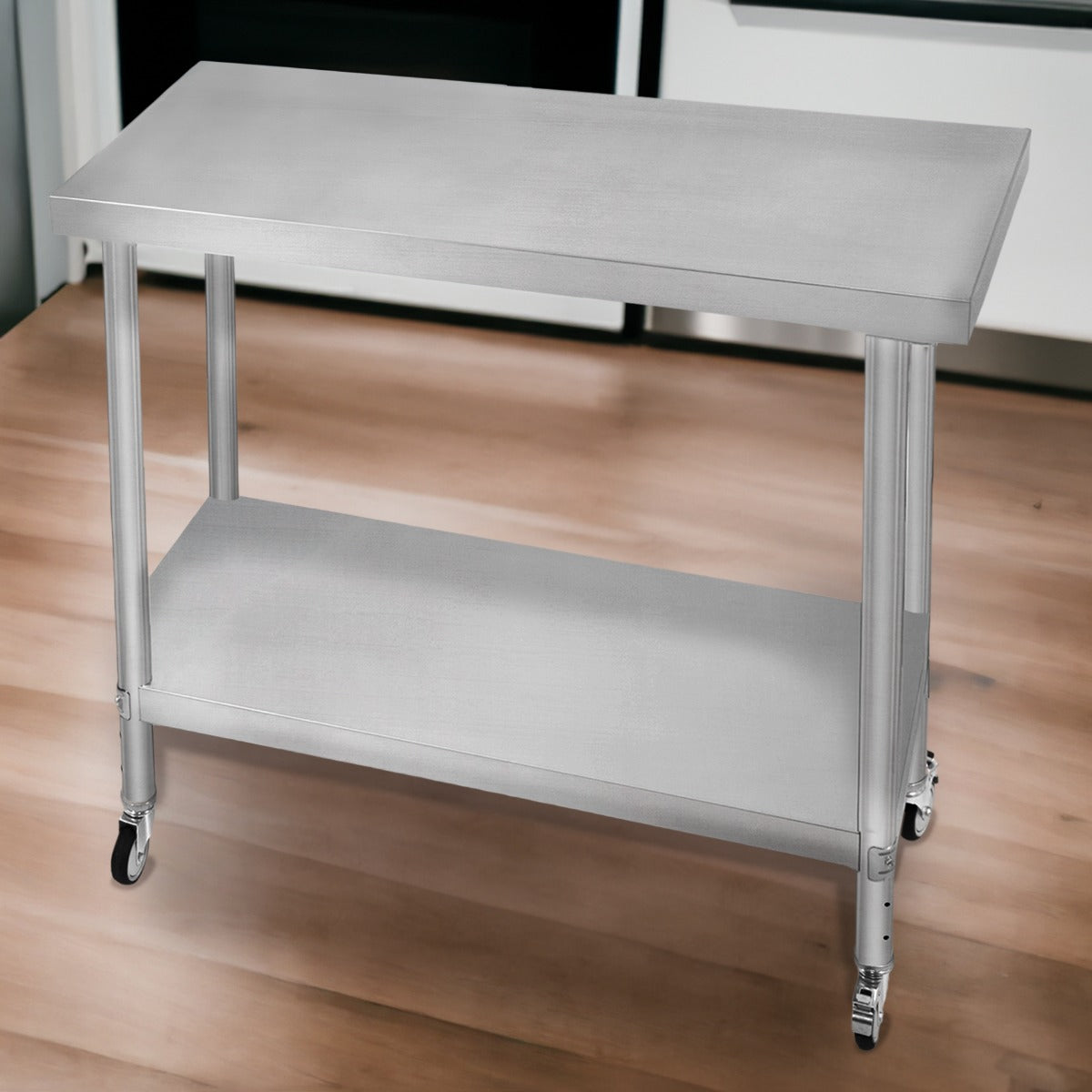 Edelstahl Arbeitstisch mit zwei Ebenen, 60cm x 90cm x 86cm, glänzende Oberfläche, robuste Beine, leicht beweglich auf Rollen, ideal für Küchen und Werkstätten