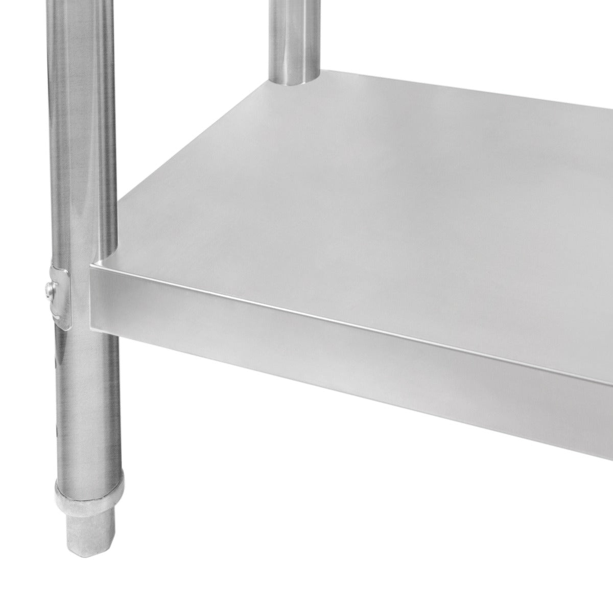 Edelstahl Arbeitstisch mit glatter, glänzender Oberfläche, stabilen Beinen und einem praktischen Ablageboden, ideal für Küchen und Werkstätten