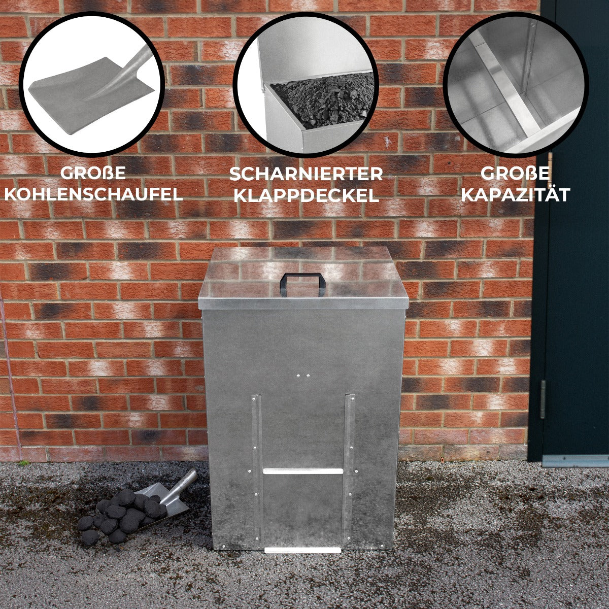 Kohleeimer aus robustem, verzinktem Stahl mit scharnierter Klappdeckel, großer Kapazität von 150 kg, ideal für die Aufbewahrung von Kohle und Grillzubehör