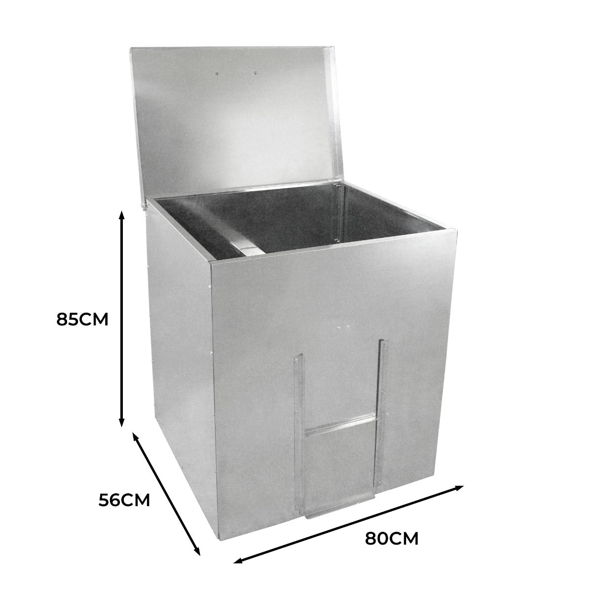 Robuster Kohleeimer aus Edelstahl mit glänzender Oberfläche, rechteckiger Form, 250 kg Kapazität, 85 cm hoch, 80 cm breit, ideal für Grillbedarf