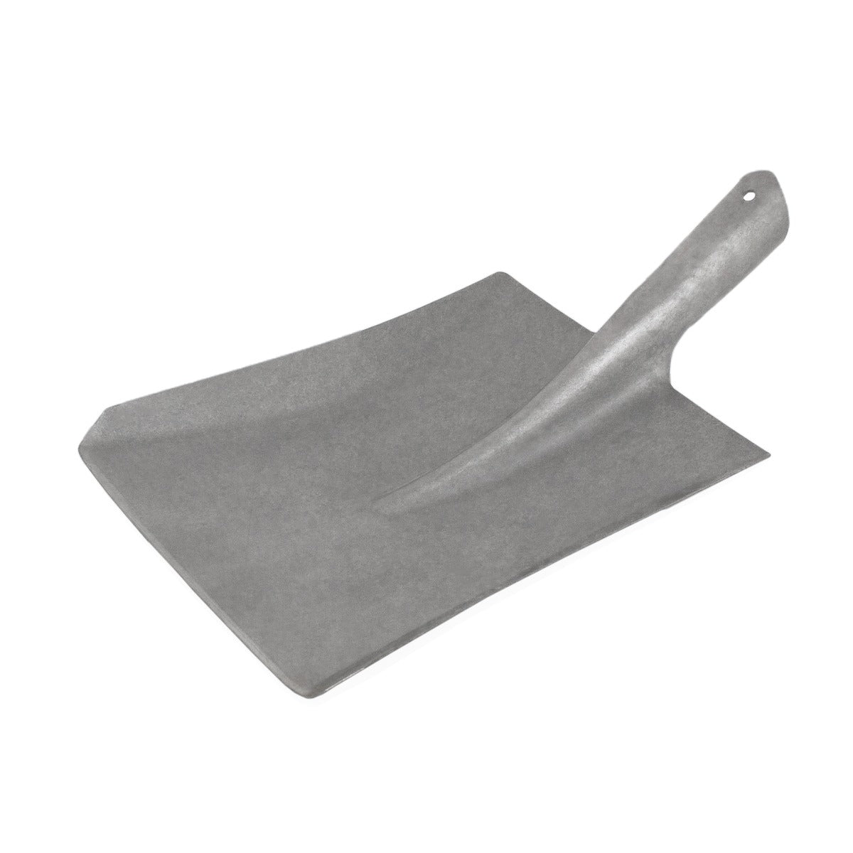 Graue Kohleschaufel aus robustem Metall mit flacher, breiter Schaufel und ergonomischem Griff, ideal zum Befüllen von Kohleeimern bis 250 kg