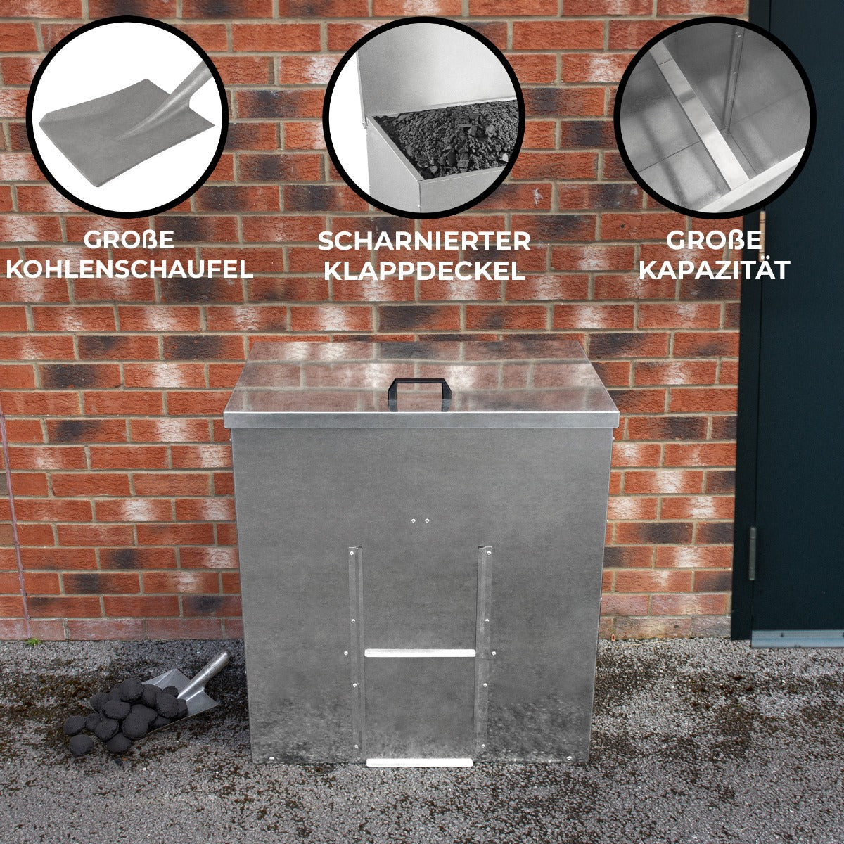 Kohleeimer aus Edelstahl mit großem Klappdeckel, stabiler Bauweise und hoher Kapazität für bis zu 250 kg Kohle, ideal für Grill und Kamin