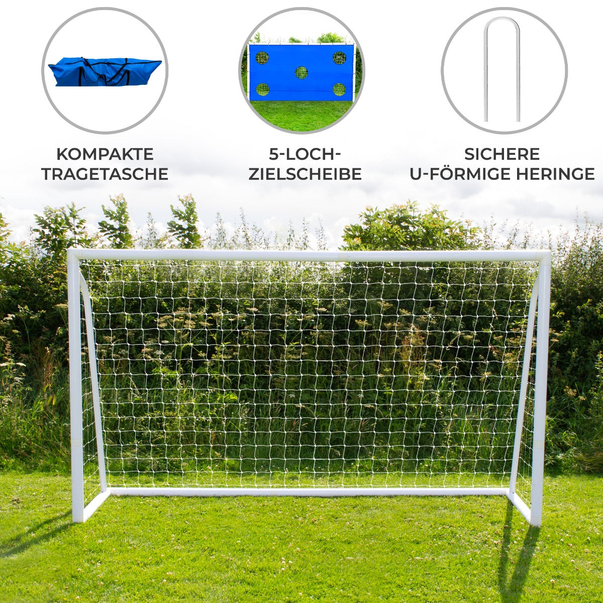 Fußballtor 3,6m x 1,8m mit weißem Netz, stabilen U-förmigen Heringen und einer blauen Tragetasche, ideal für den Garten oder Sportplatz