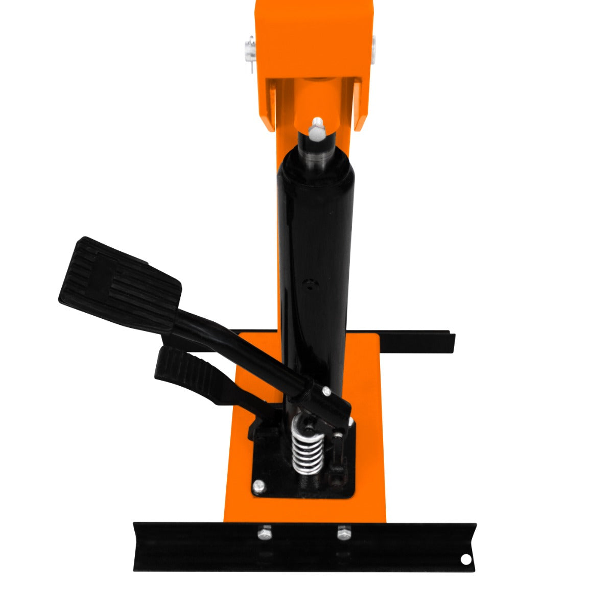 Hydraulischer Federbein-Kompressor in Schwarz und Orange, mit robustem Fußpedal und stabiler Basis für effektives Arbeiten an Fahrzeugfederbeinen