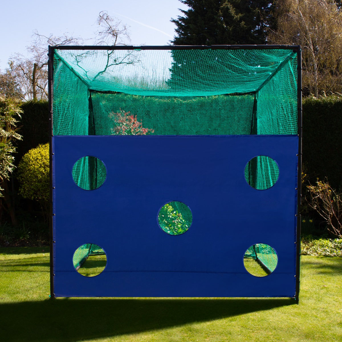 Golfkäfignetz mit blauer Zielscheibe und grüner Netzabdeckung, ideal für das Training im Garten, mit runden Löchern für gezielte Schläge