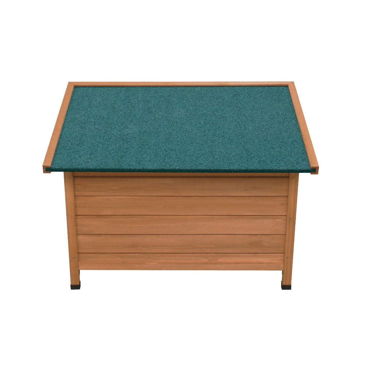 Kleine Hundehütte aus Holz mit einem grünen, wetterfesten Dach und glatter, natürlicher Holzoberfläche, ideal für kleine Hunde