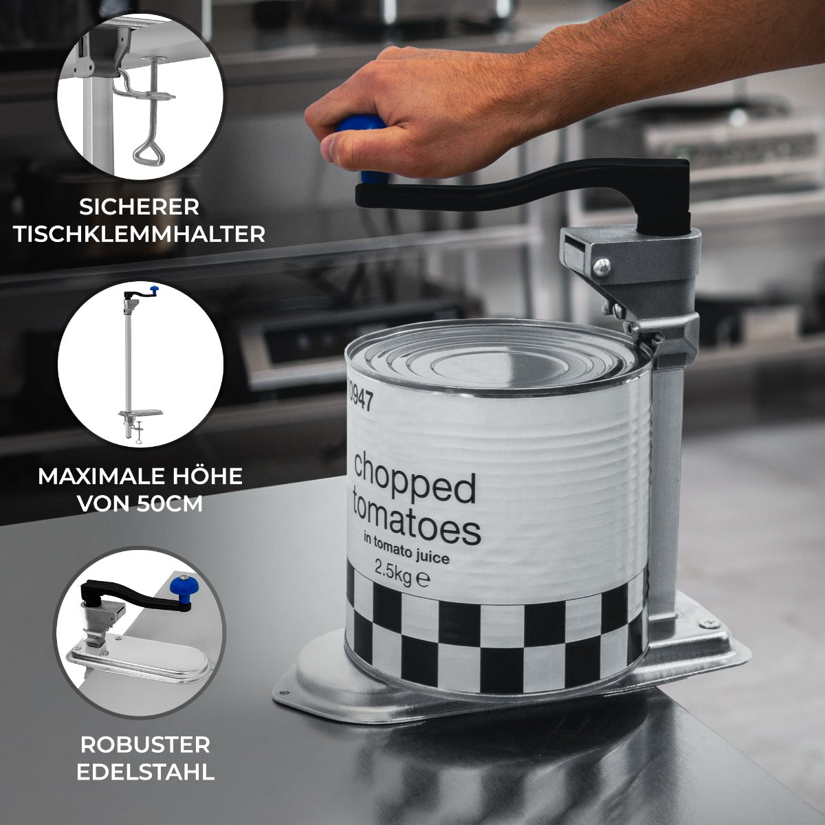 Robuster KuKoo Profi Tischdosenöffner aus Edelstahl mit blauem Griff, stabiler Tischklemme und maximaler Höhe von 50 cm, ideal für große Dosen