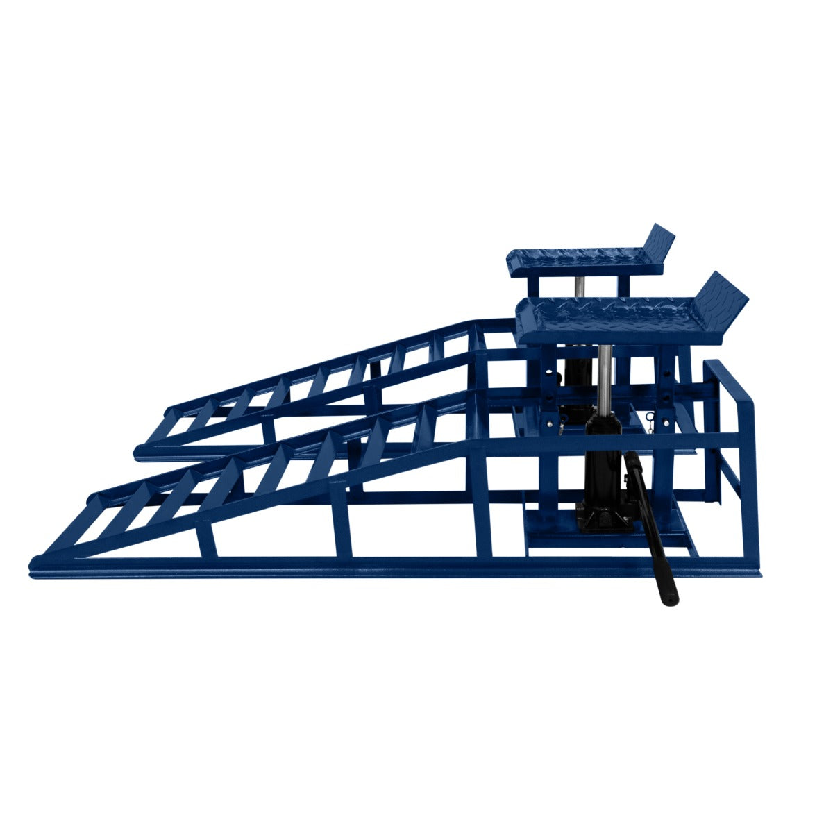 Auffahrrampen Set in kräftigem Blau mit rutschfester Oberfläche und hydraulischem Wagenheber, ideal für sicheres Anheben von Fahrzeugen bis 3T