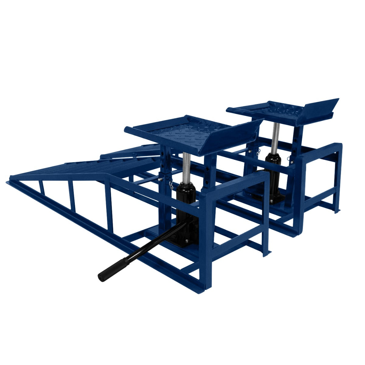 Auffahrrampen Set in leuchtendem Blau mit zwei hydraulischen Wagenhebern, robustem Stahlrahmen und rutschfester Oberfläche für sicheres Anheben von Fahrzeugen