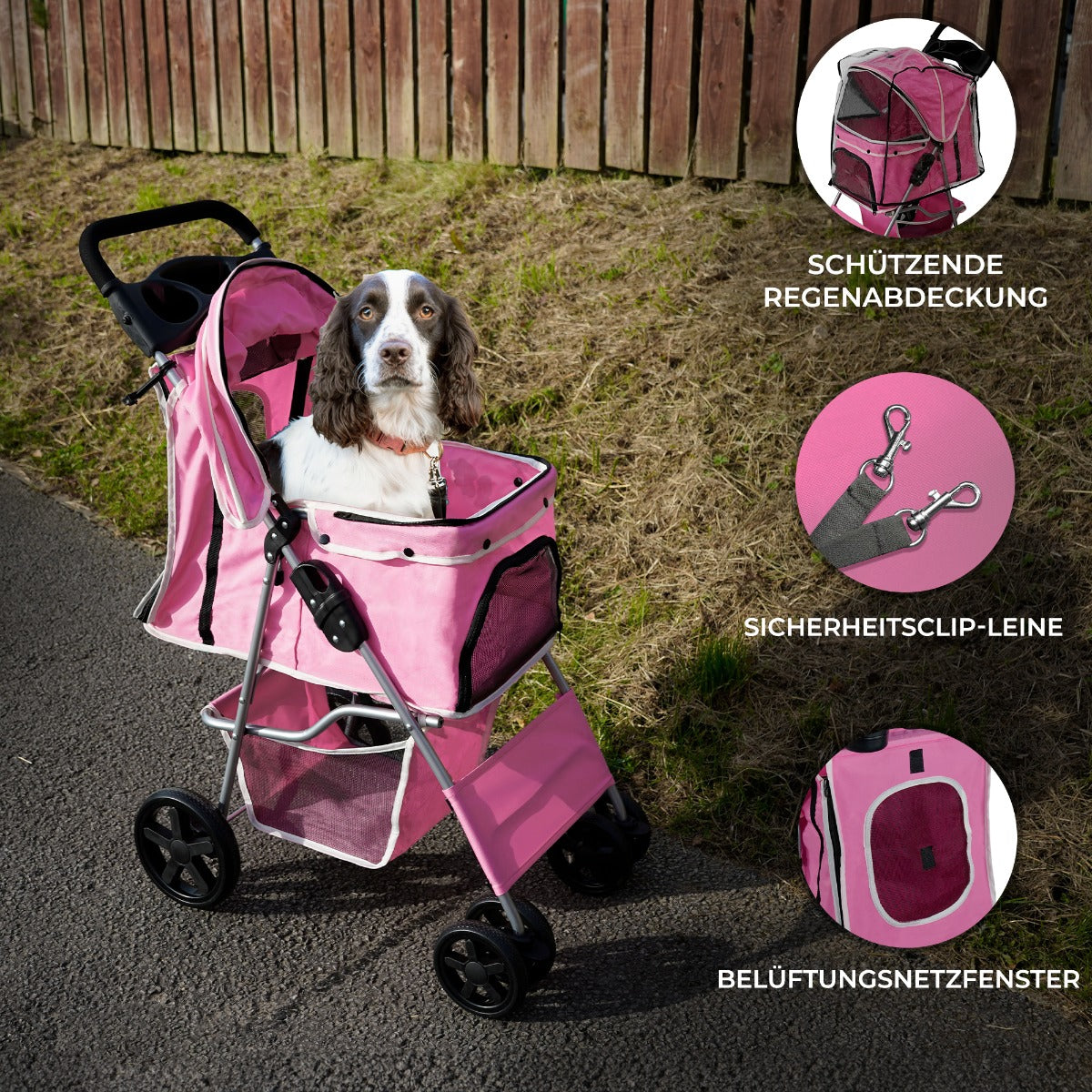 Haustierwagen in leuchtendem Rosa mit Regenabdeckung, Sicherheitsclip-Leine und belüfteten Fenstern, ideal für Spaziergänge mit Haustieren