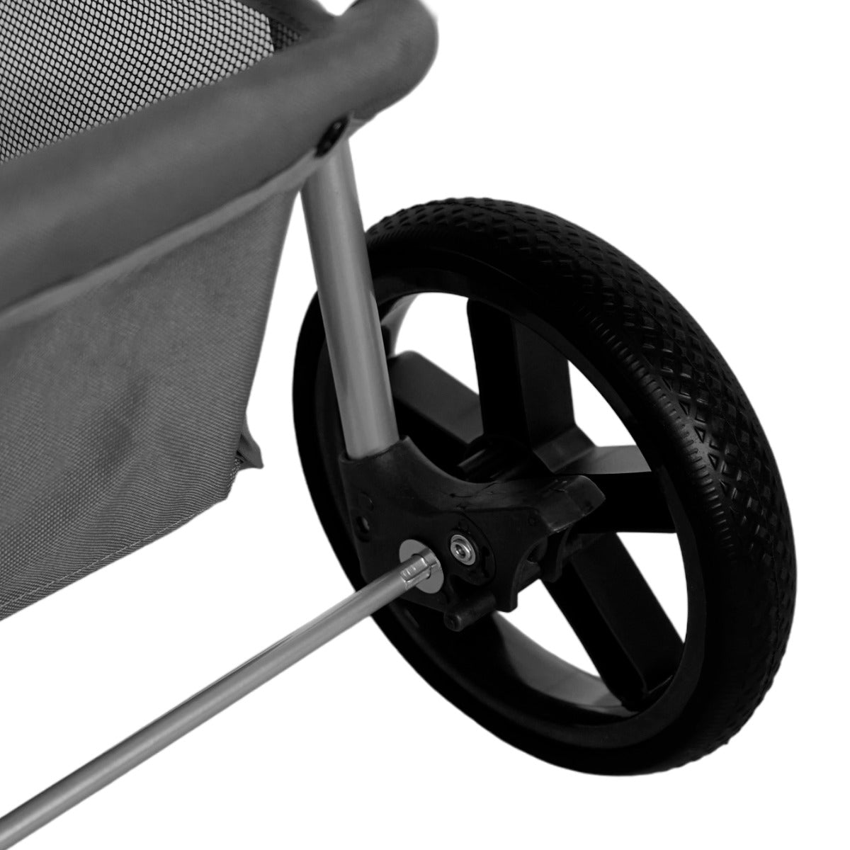 Grau Haustierwagen mit stabilen schwarzen Gummirädern, einem leichten Aluminiumrahmen und einer praktischen Regenabdeckung für optimalen Schutz
