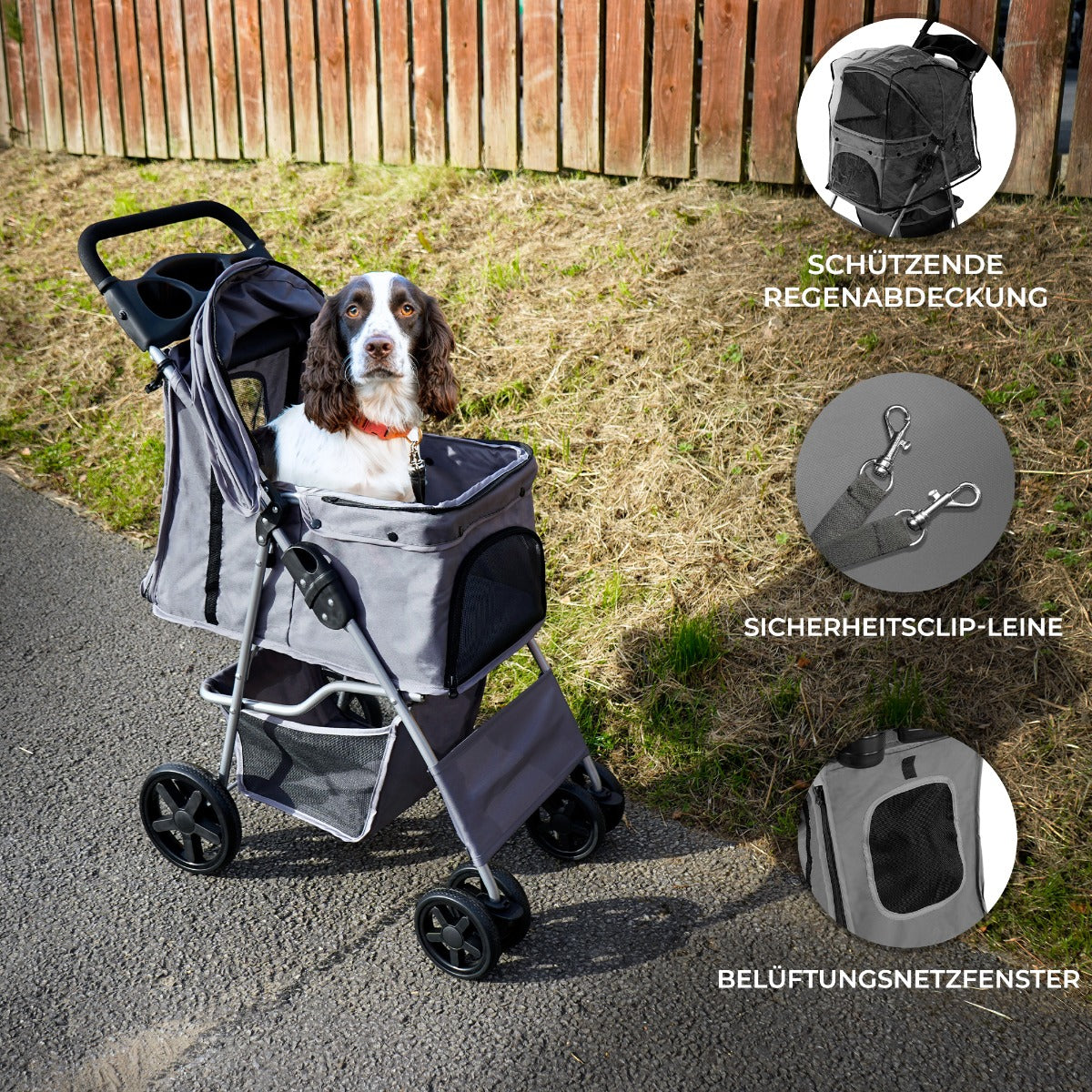Haustierwagen in Grau mit Regenabdeckung, Sicherheitsclip-Leine und belüfteten Netzfenstern, ideal für Spaziergänge mit Ihrem Hund