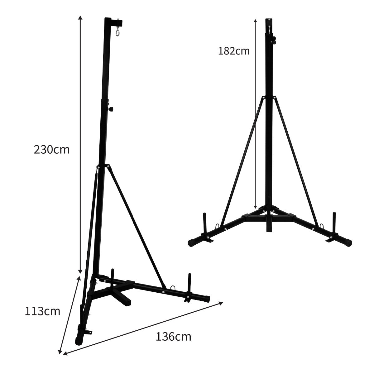 Faltbarer Boxsackständer aus robustem schwarzem Stahl, höhenverstellbar von 113 cm bis 230 cm, mit stabilen Füßen für sicheren Stand und einfache Lagerung
