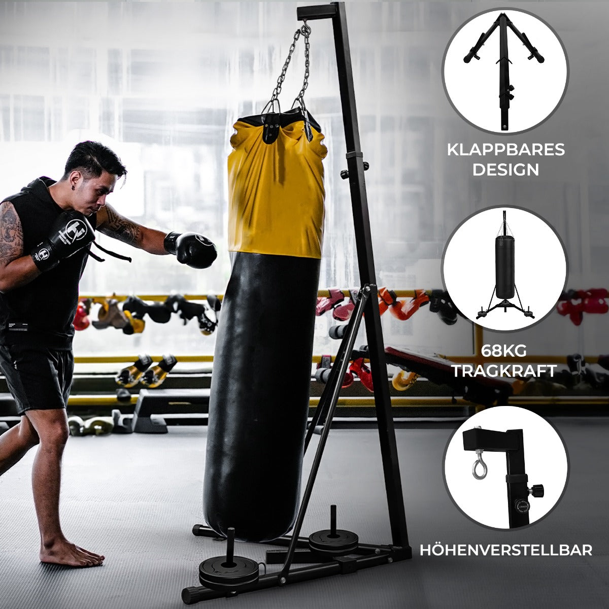 Faltbarer Boxsackständer aus robustem Metall, schwarz mit gelbem Boxsack, höhenverstellbar, ideal für das Training zu Hause oder im Fitnessstudio