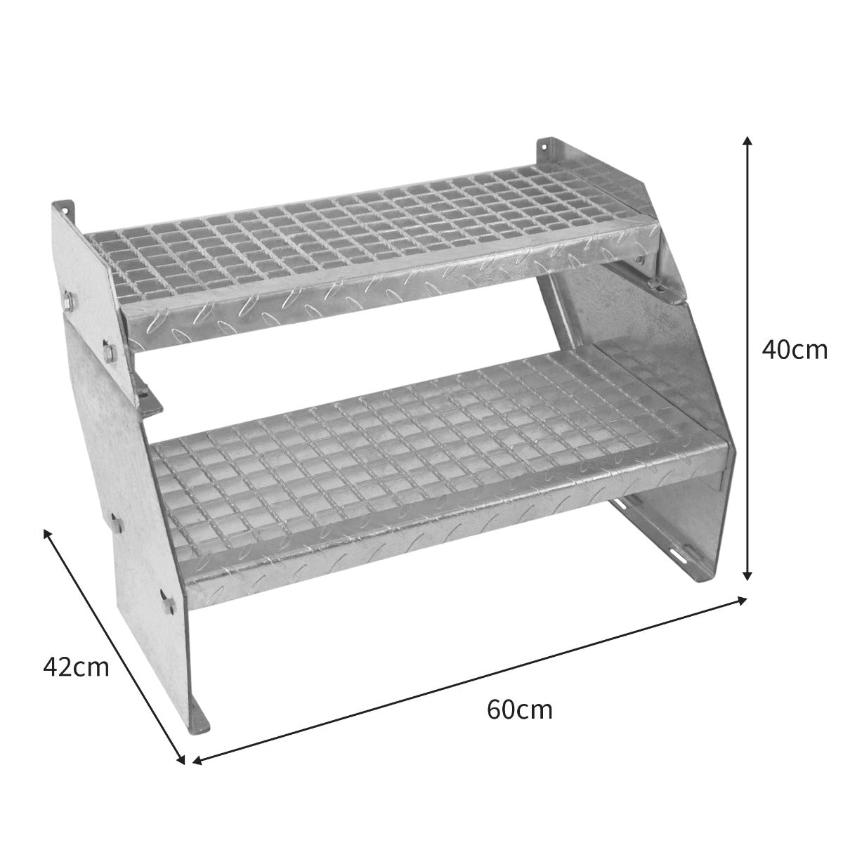 Verstellbare, zweigeteilte Treppe aus verzinktem Stahl, 600 mm breit, mit rutschfester Oberfläche und stabiler Konstruktion, ideal für verschiedene Anwendungen