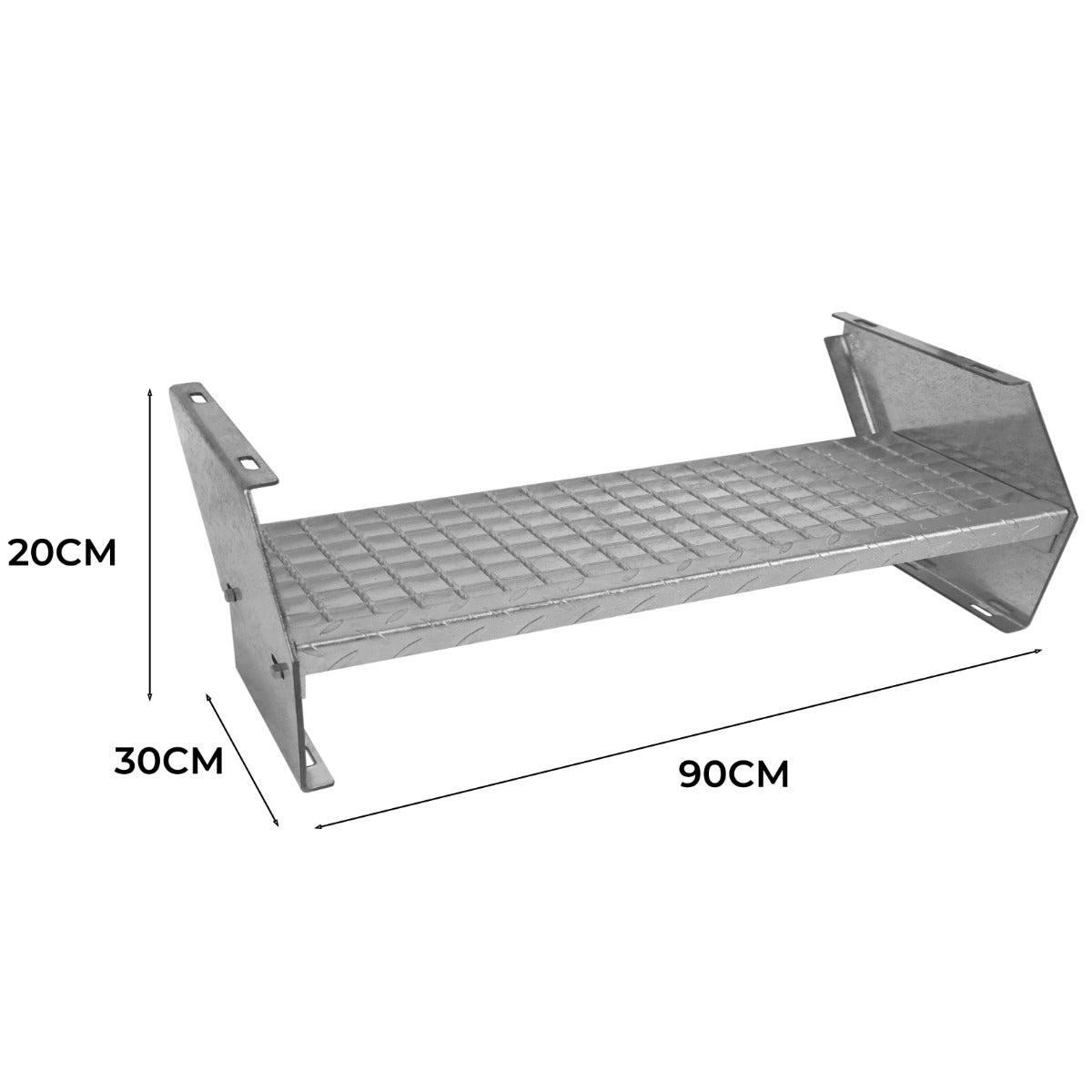 Verzinkter Stahlstufen mit rutschfester Oberfläche, 900 mm breit, 20 cm hoch und 30 cm tief, ideal für sichere Treppenlösungen im Außenbereich