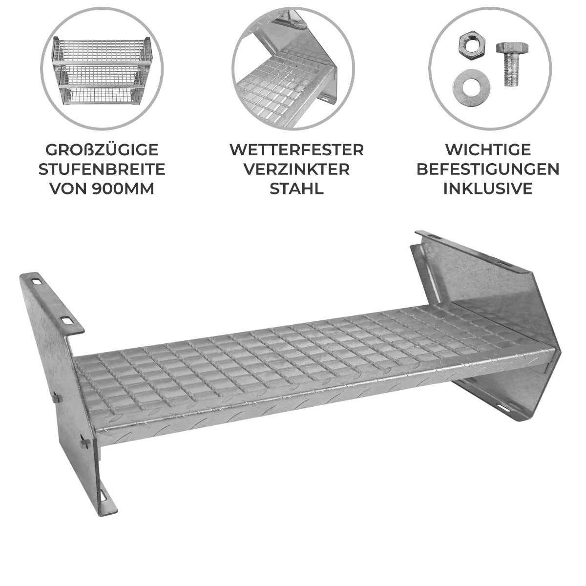 Verzinkte Stahlstufe mit einer Breite von 900 mm, rutschfester Oberfläche, robustem Design und wetterfesten Eigenschaften, inklusive Befestigungen