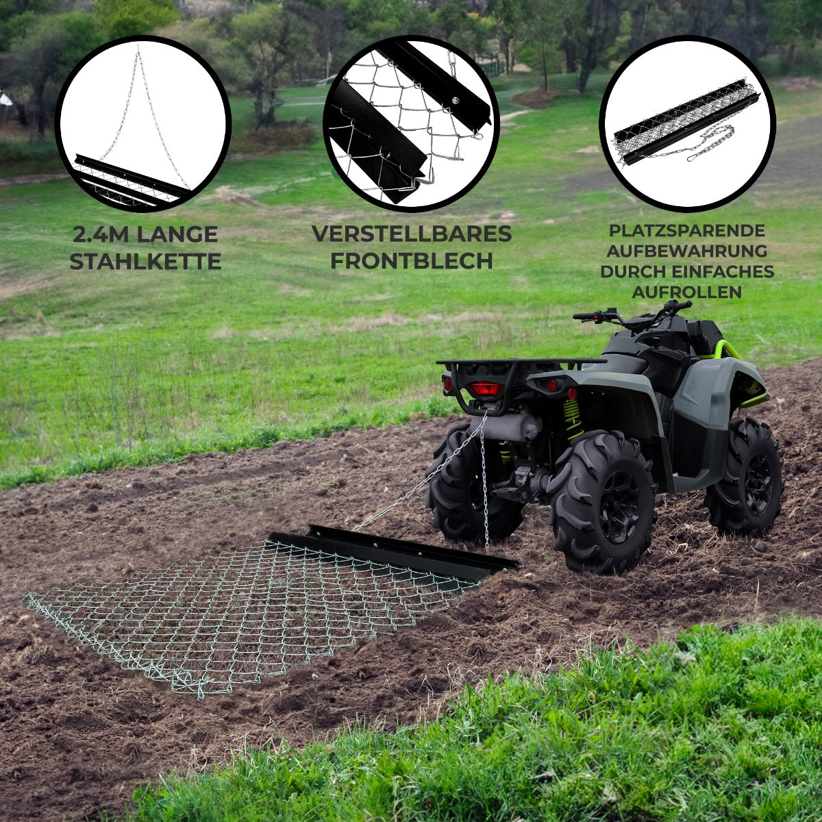 Ketten Wiesenegge in Schwarz mit 2,4 m langer Stahlkette, verstellbarem Frontblech und robustem Netz, ideal für die Bodenbearbeitung im Garten
