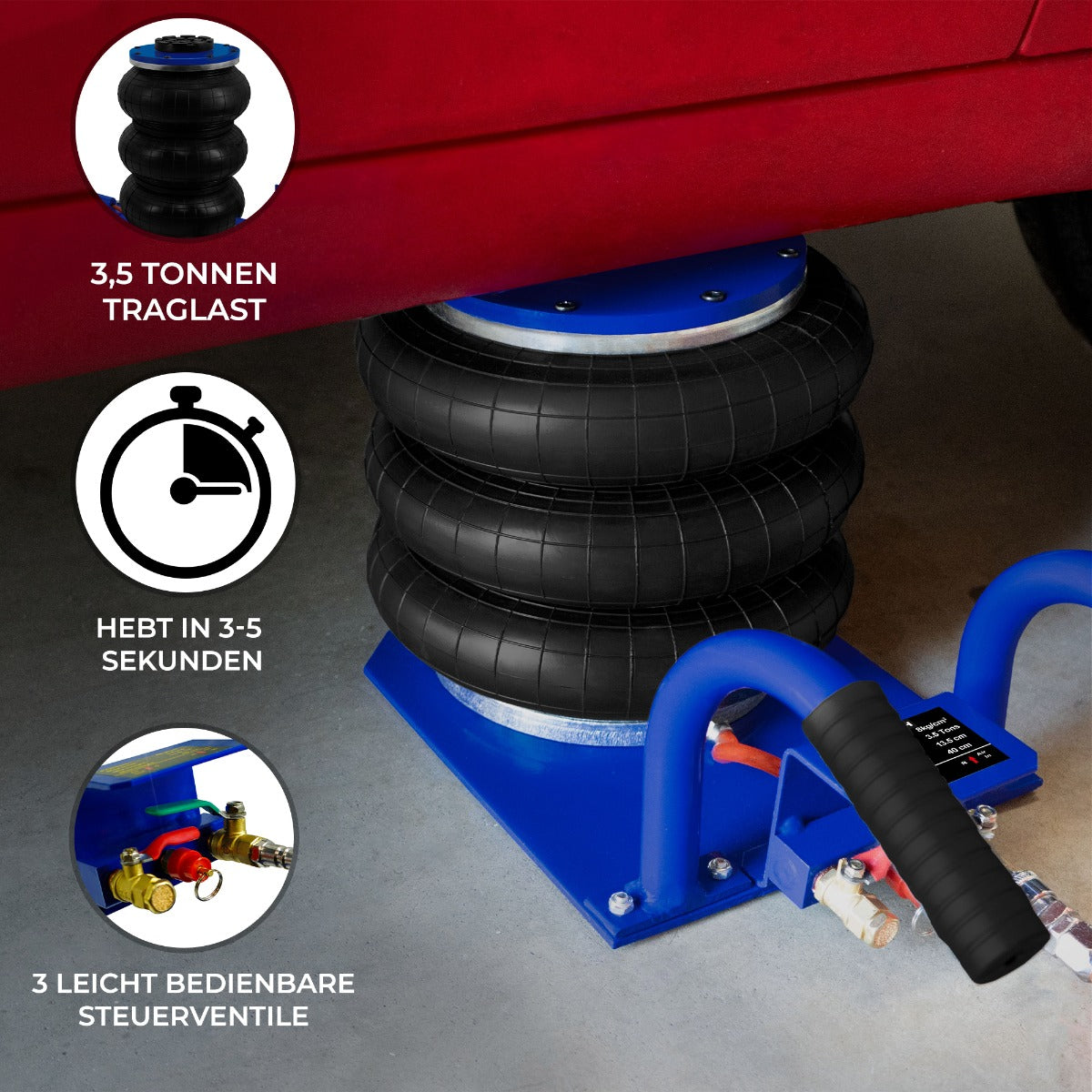Pneumatischer Wagenheber mit drei schwarzen Luftkissen, blauer Basis und ergonomischem Griff, geeignet für bis zu 3,5 Tonnen Traglast