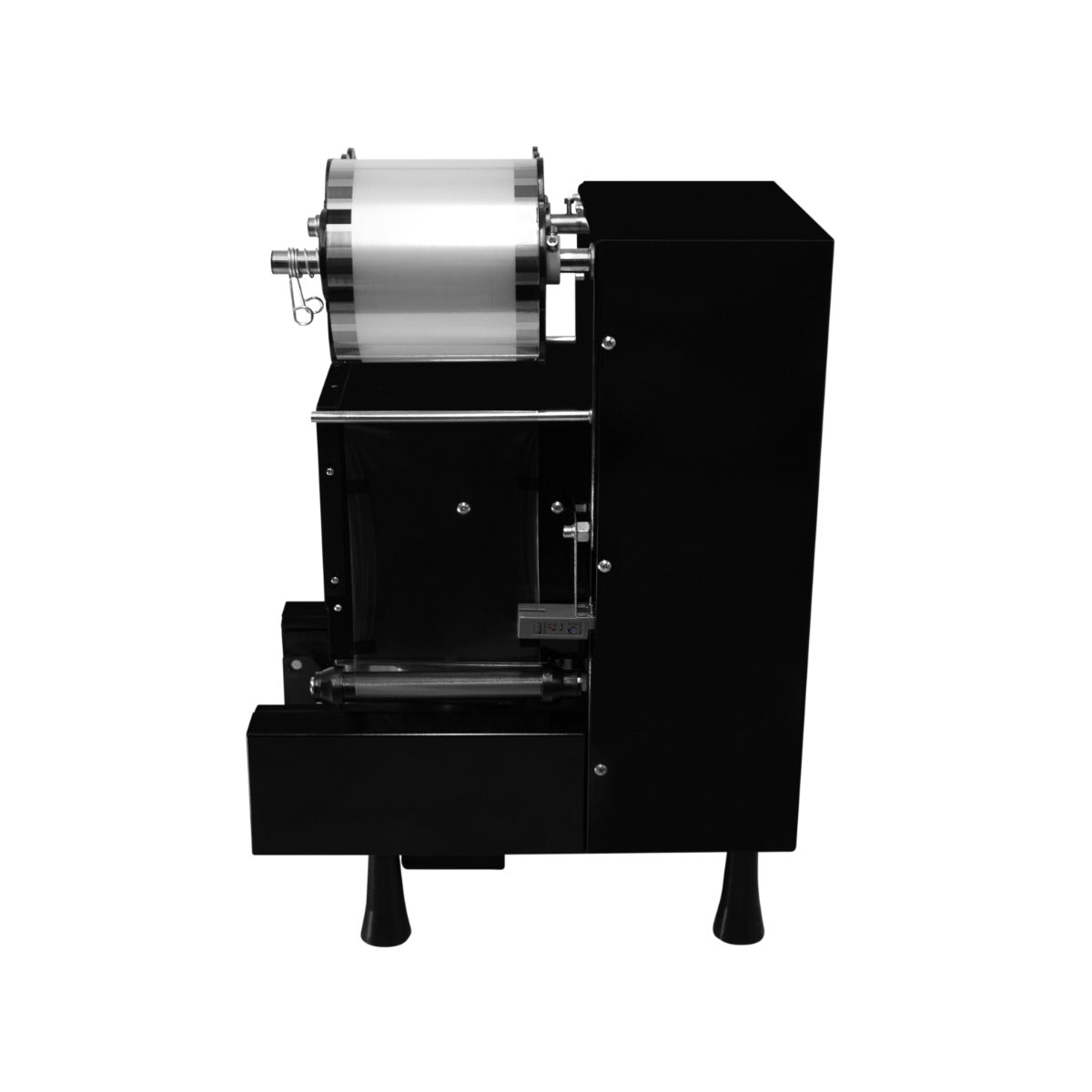 Vollautomatische Bechersiegelmaschine in Schwarz mit glänzendem Silbertrommel, kompakt und robust, ideal für effizientes Verpacken von Bechern