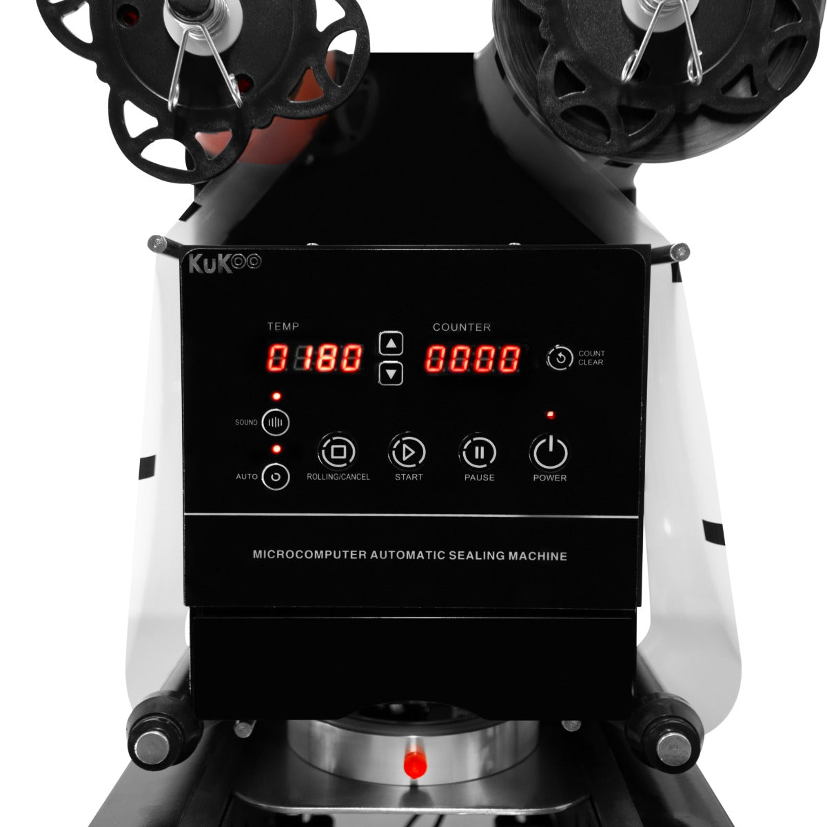 Vollautomatische Bechersiegelmaschine mit digitalem Display, roten Ziffern, Tasten für Temperatur und Timer, robustem Gehäuse in Schwarz und Silber