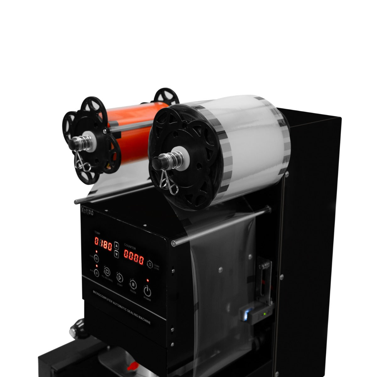 Vollautomatische Bechersiegelmaschine mit zwei Rollen, einer orange und einer transparent, sowie einem Bedienfeld mit digitalen Anzeigen und Tasten