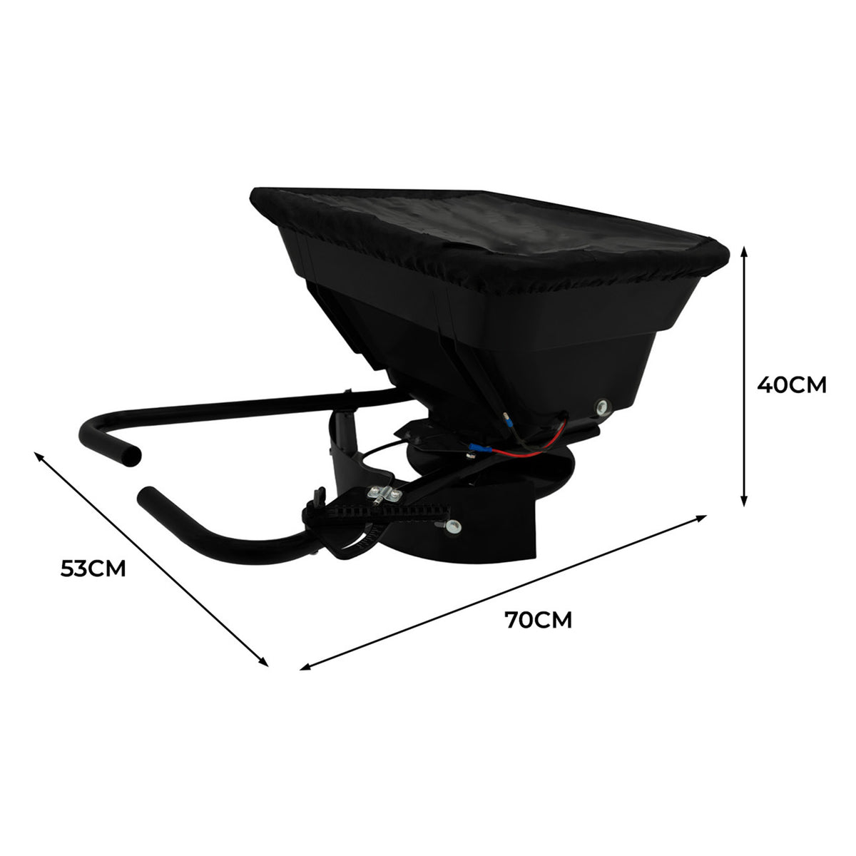 Schwarzer ATV-Streuer für Quad mit einer rechteckigen Ladefläche, Maßen 70 cm x 53 cm x 40 cm, ideal für präzises Streuen von Materialien