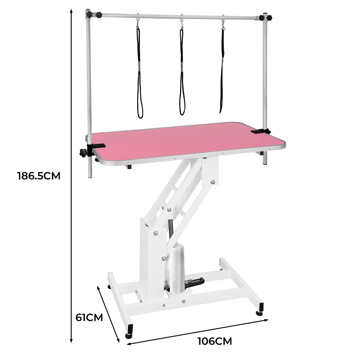 Hydraulischer Pflegetisch in Weiß mit einer rosa Tischplatte, höhenverstellbar, stabiler Konstruktion und drei Halteösen für Leinen