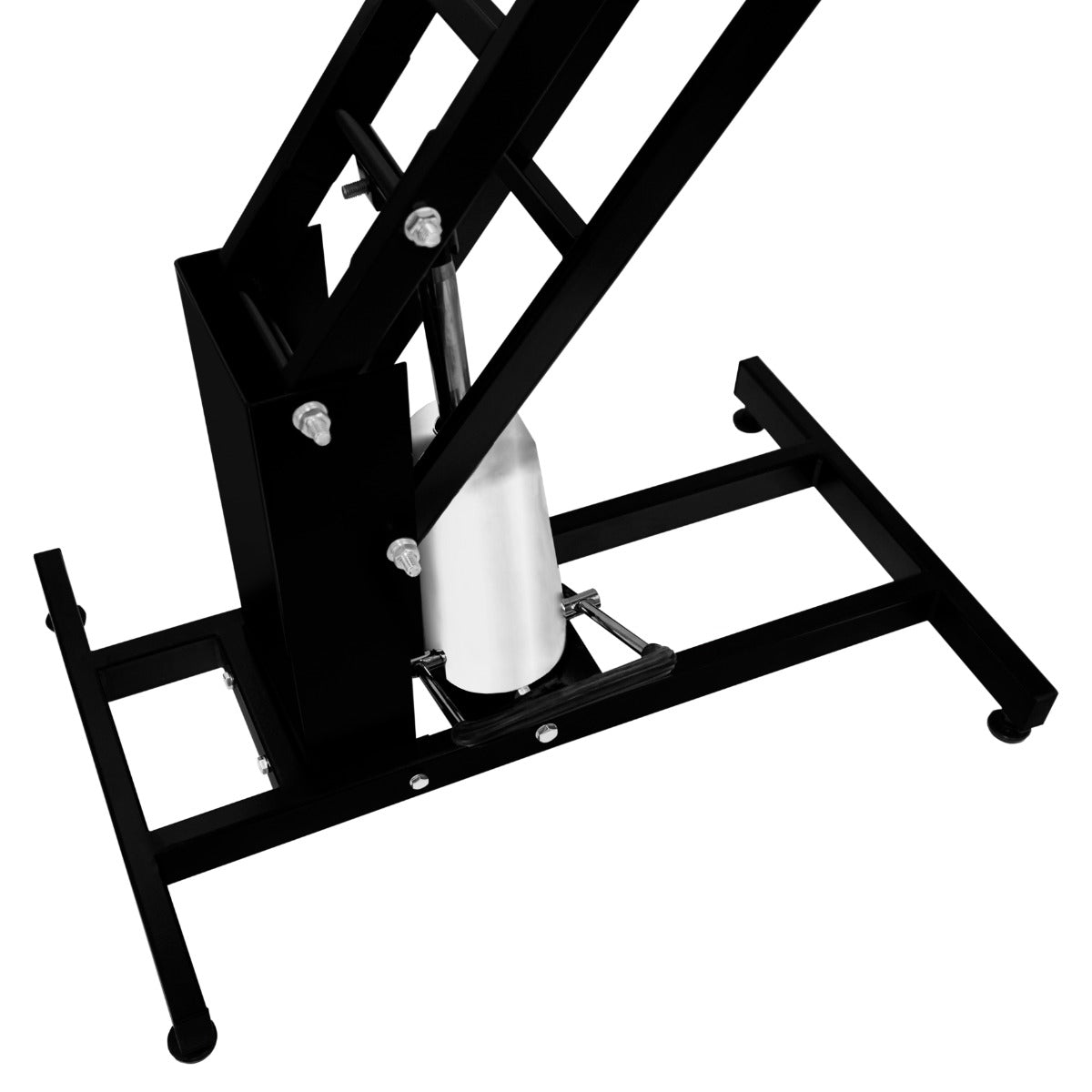 Schwarzer hydraulischer Pflegetisch mit grauer Tischplatte, stabiler Basis und verstellbarem Mechanismus für optimale Nutzung im Salon