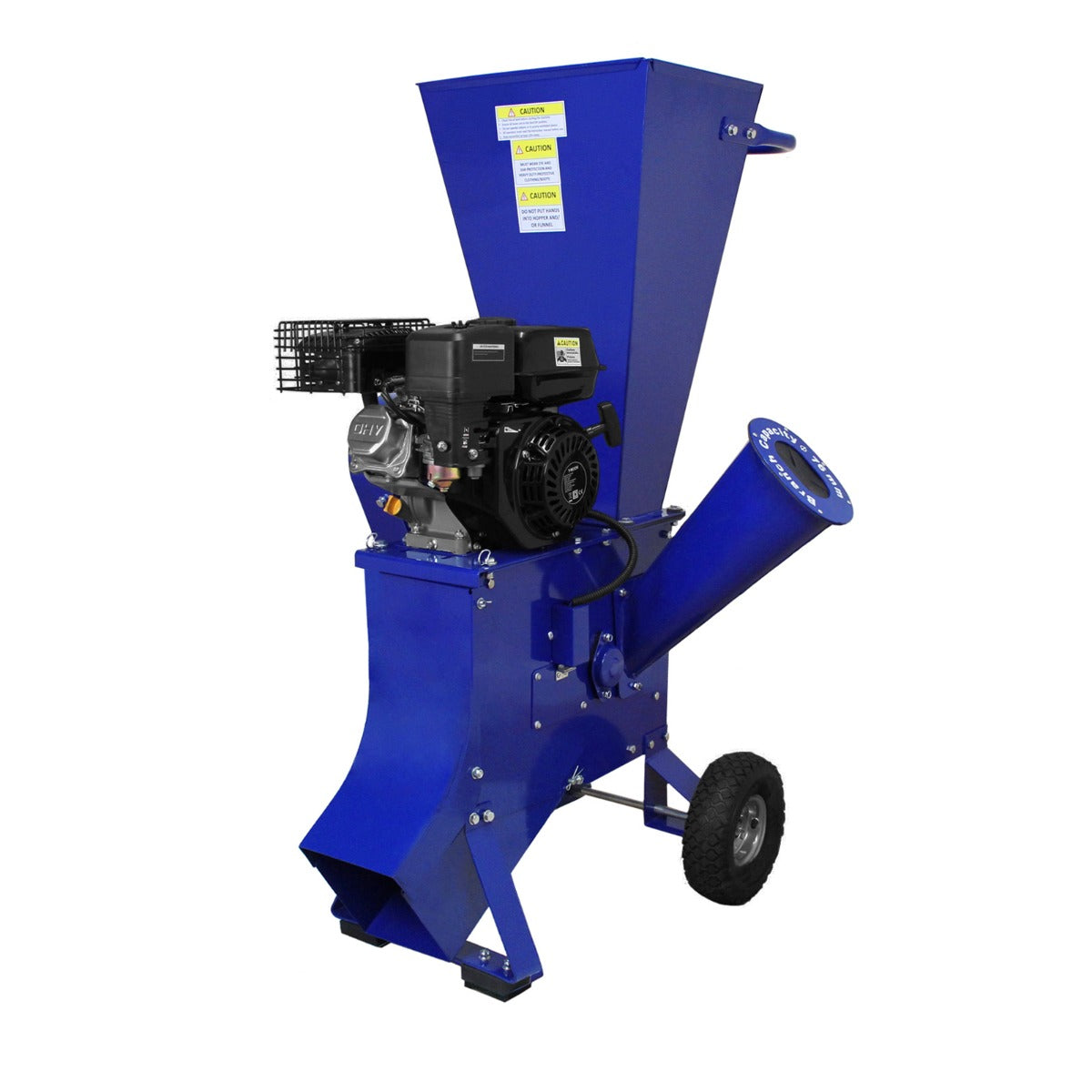 Blauer T-Mech 7PS Holzhäcksler mit robustem Motor, großen Rädern, einem breiten Einfülltrichter und einem Auswurfrohr für effizientes Häckseln von Holz
