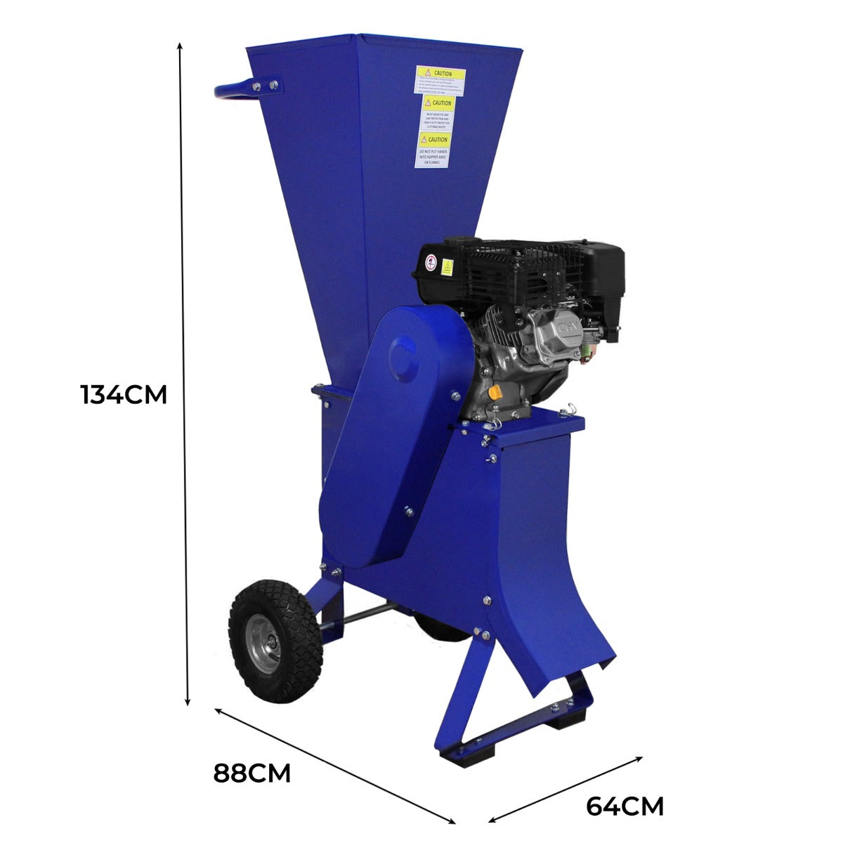 Blauer T-Mech 7PS Holzhäcksler mit robustem Motor, großen Rädern und einem hohen Trichter für effizientes Zerkleinern von Holz und Gartenabfällen