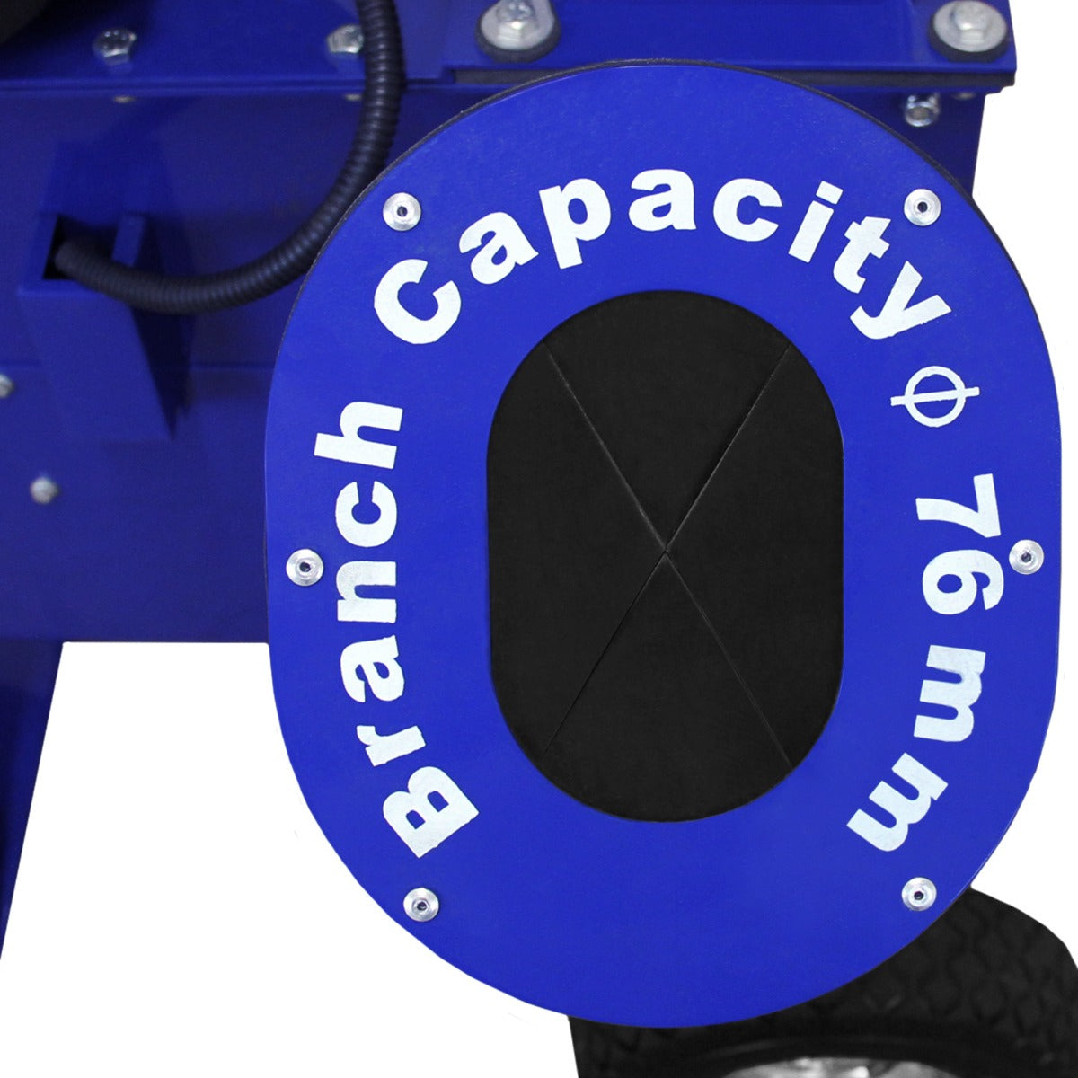Blauer T-Mech Holzhäcksler mit ovalem Einfüllbereich, der eine maximale Aststärke von 76 mm anzeigt, robustes Design und praktische Bedienung