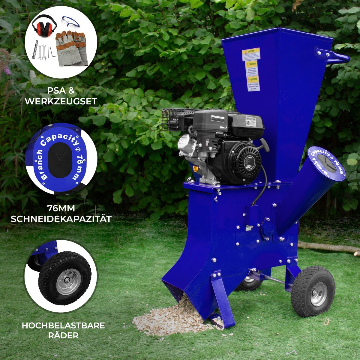 T-Mech 7PS Holzhäcksler in leuchtendem Blau mit robustem Motor, großen Rädern und 76 mm Schneidekapazität, ideal für Gartenabfälle