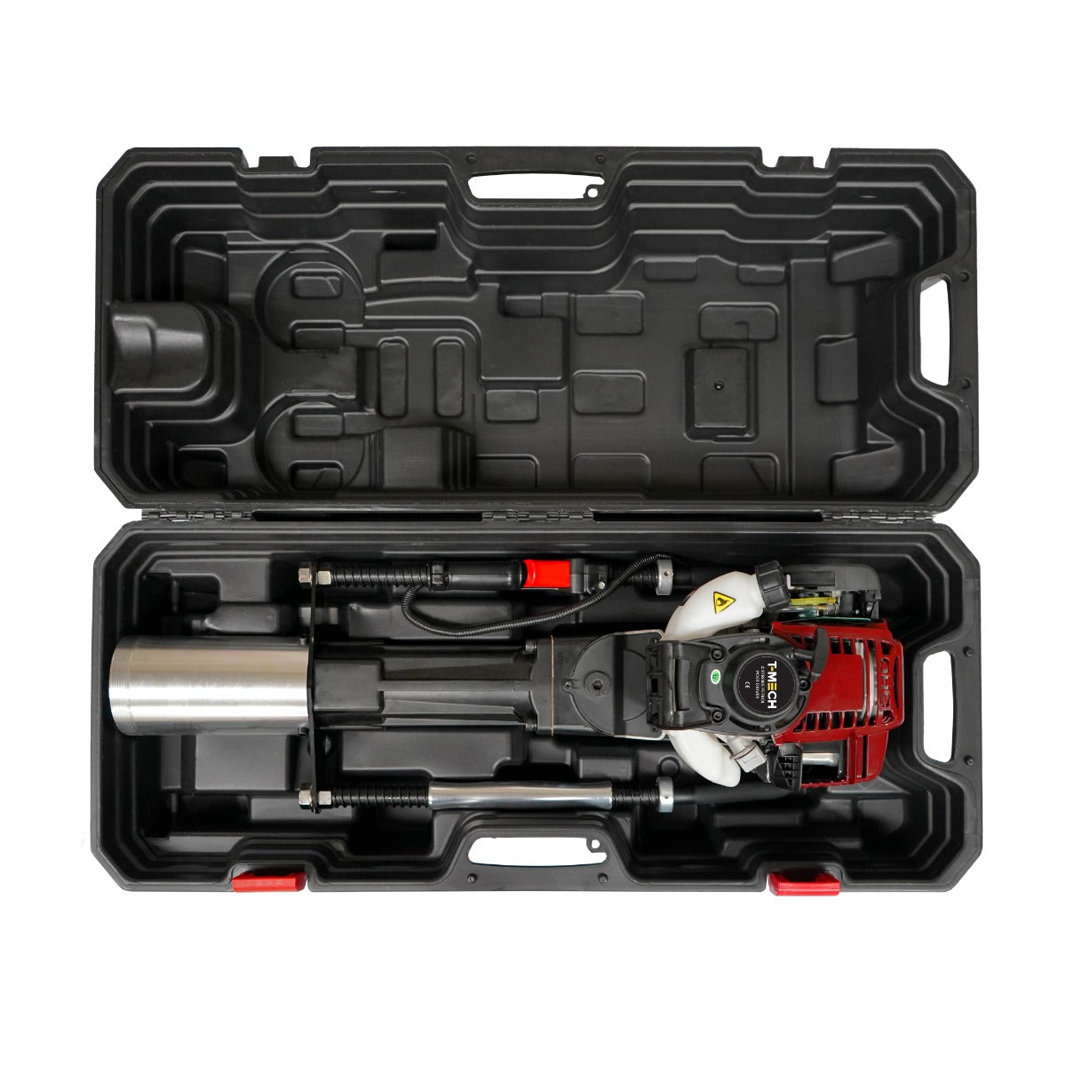 T-Mech 4-Takt Benzin Pfahlramme in robuster schwarzer Transportbox, mit silbernem Hammerkopf und rotem Motor, ideal für Bauprojekte