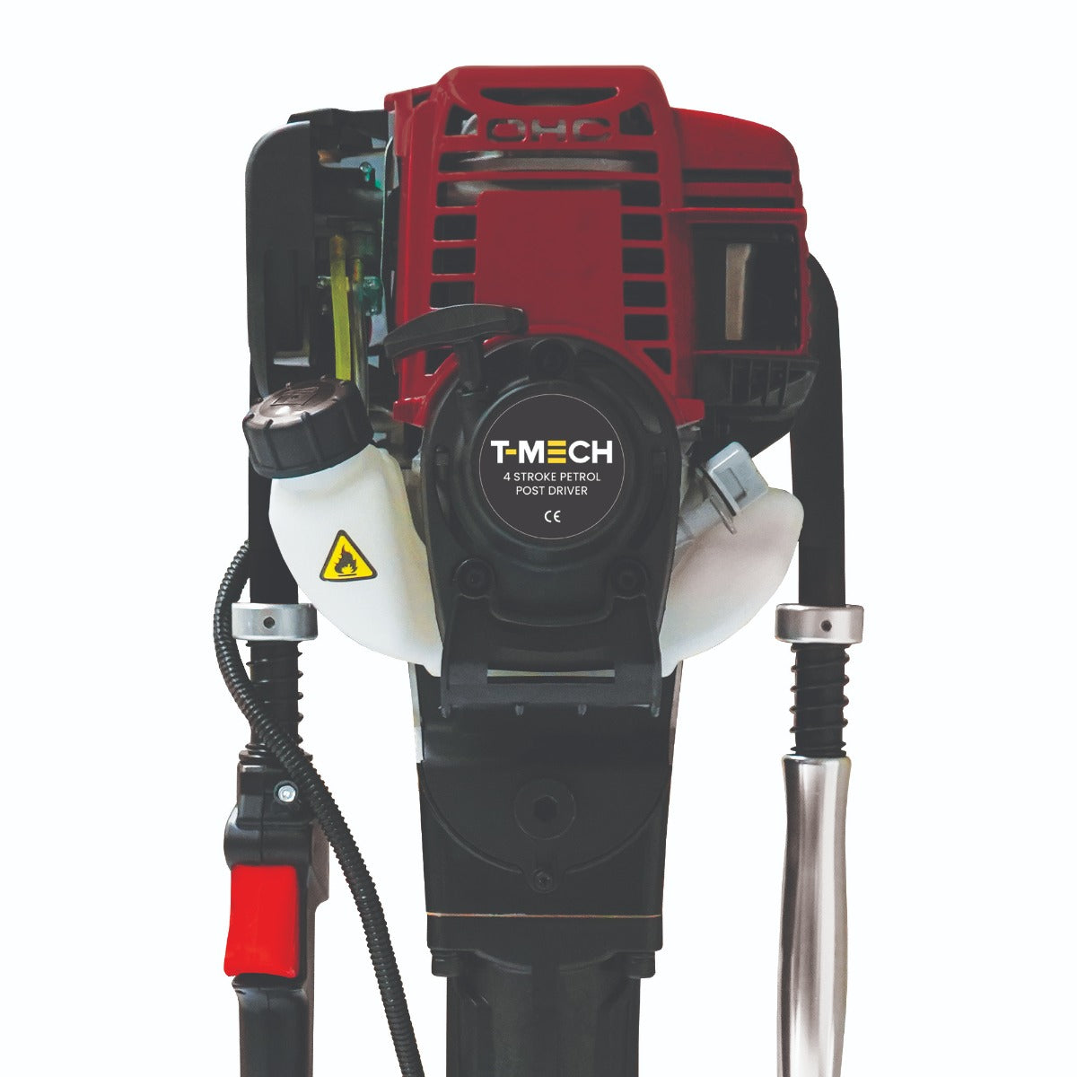 T-Mech 4-Takt Benzin Pfahlramme mit rotem Motor, schwarzem Gehäuse, transparentem Kraftstofftank und robustem Griff für effizientes Arbeiten im Freien