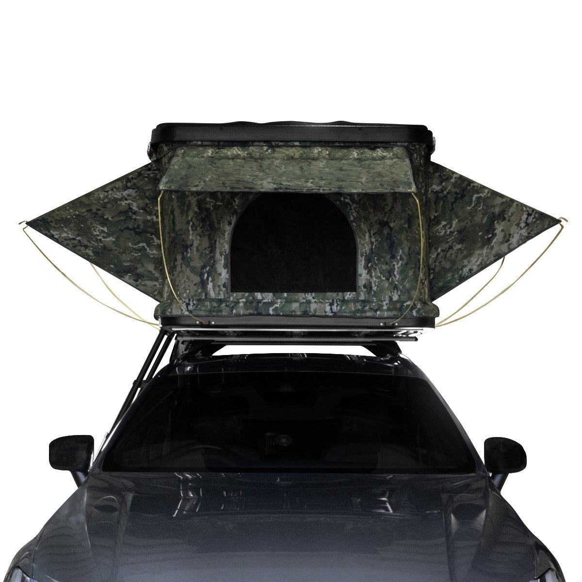 Dachzelt in Camouflage-Design, auf einem Auto montiert, mit einem großen Eingang und stabilen Befestigungen, ideal für Outdoor-Abenteuer