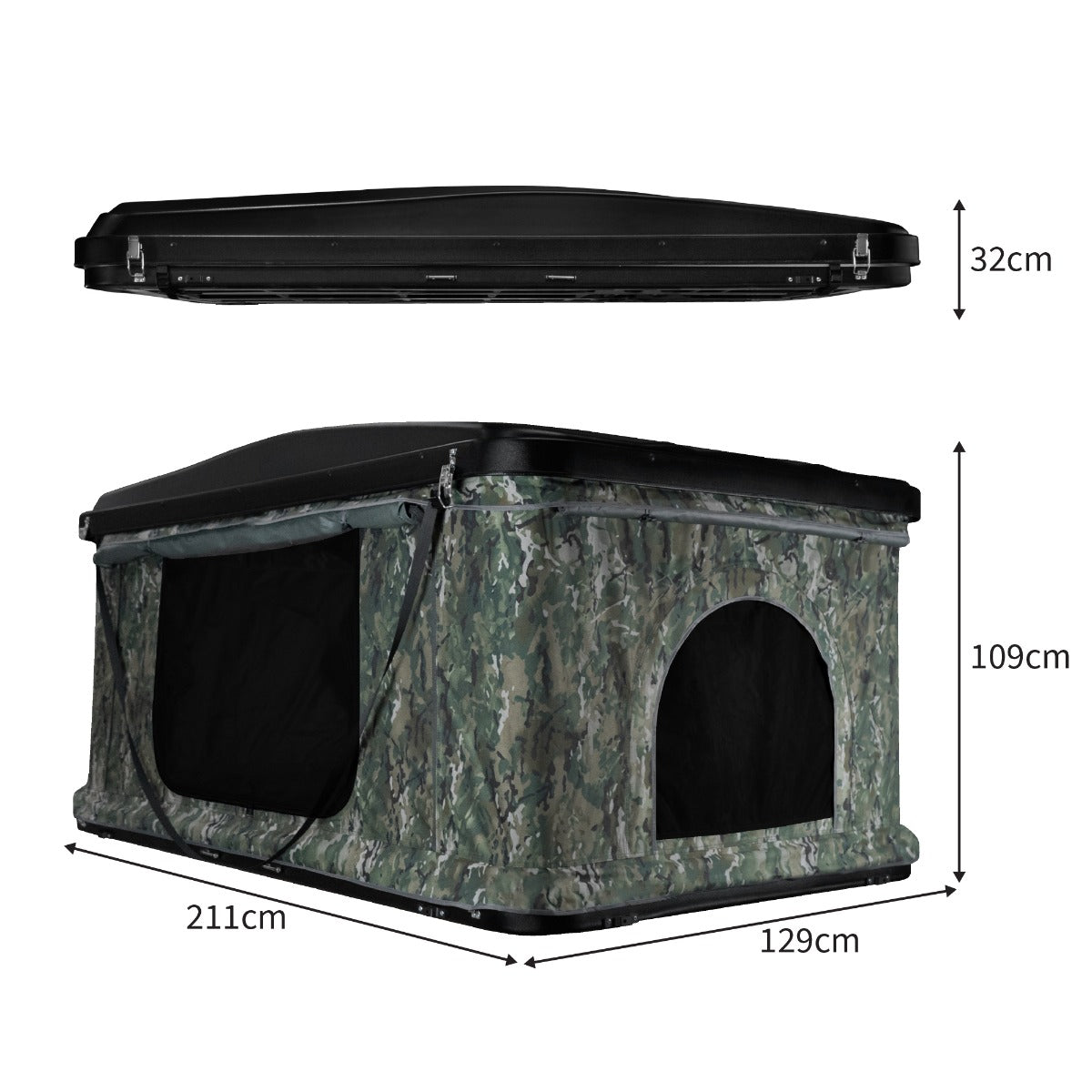 Dachzelt in Camouflage-Design, aus strapazierfähigem Material, mit einem schwarzen Dach und großen Fenstern für optimale Belüftung und Sicht