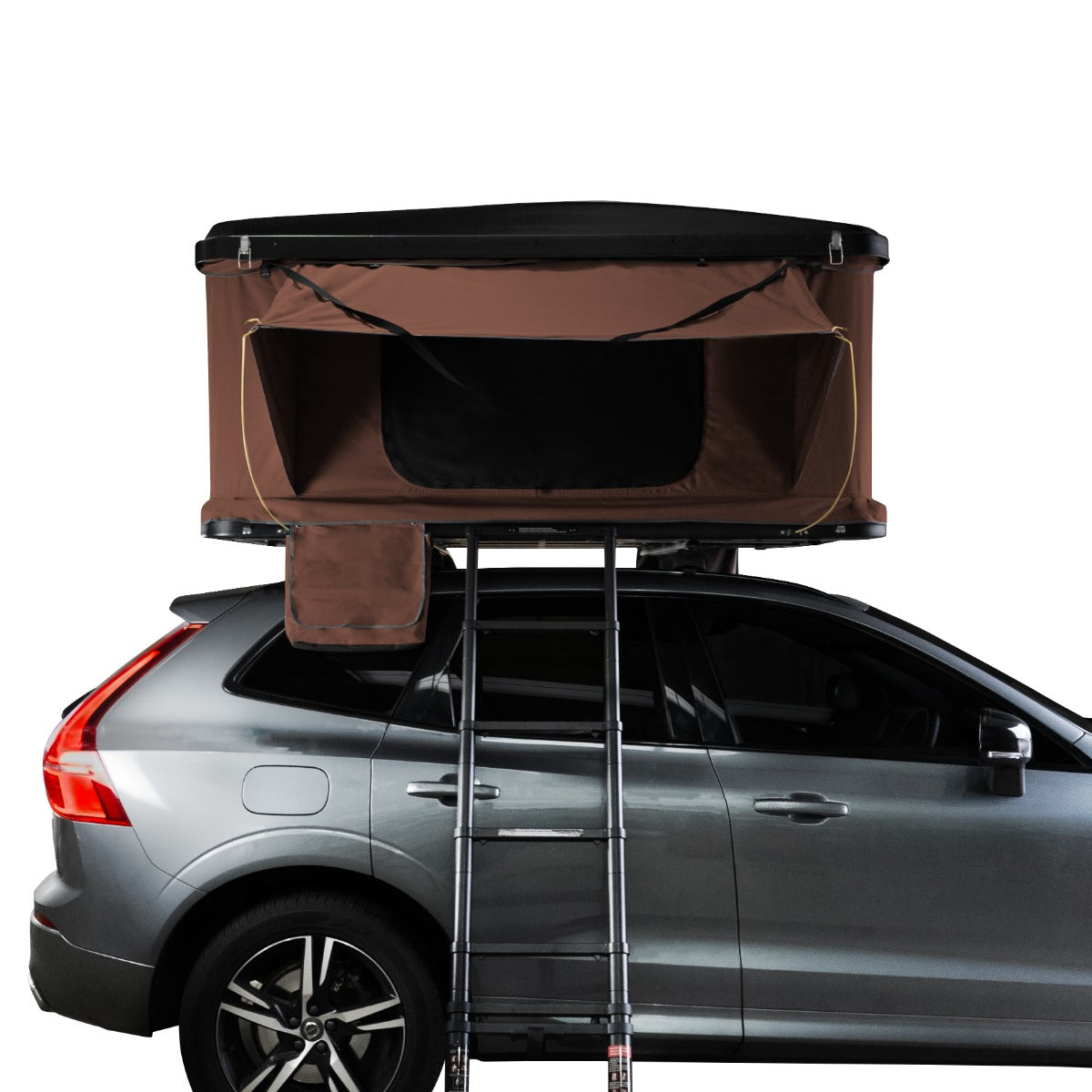 Braunes Auto Dachzelt mit schwarzem Dach, montiert auf einem silbernen SUV, ausgestattet mit einer Leiter und großzügigem Innenraum für Campingabenteuer