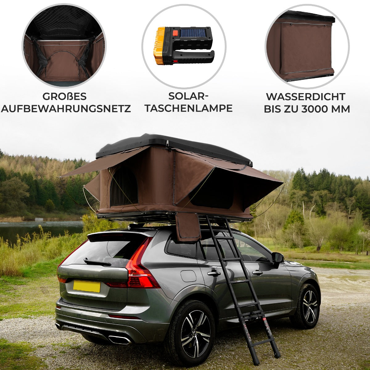 Braunes Auto Dachzelt mit großem Aufbewahrungsnetz, wasserdicht bis 3000 mm, montiert auf einem SUV, umgeben von Natur und Wasser